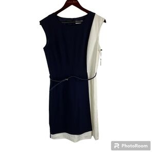 New Calvin Klein Womens Sz 8 Navy Blue White Dress Sleeveless Belt Damaged N2